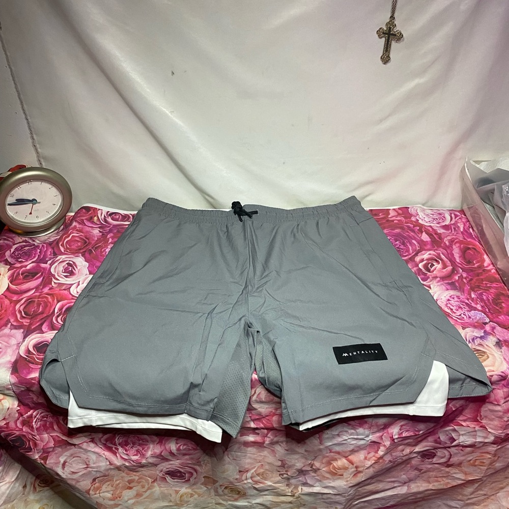 Mens Mentality grey/white double layered workout shorts